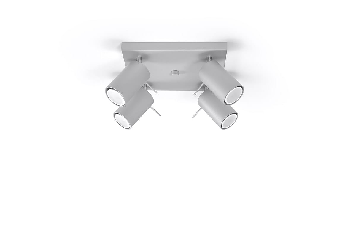 Lampa sufitowa 4-punktowa w kolorze szarym, z prostokątną podstawą i czterema cylindrycznymi punktami świetlnymi. Ujęcie z góry, z widocznymi detalami mocowania i kształtem reflektorów. Idealna do oświetlenia wnętrz.