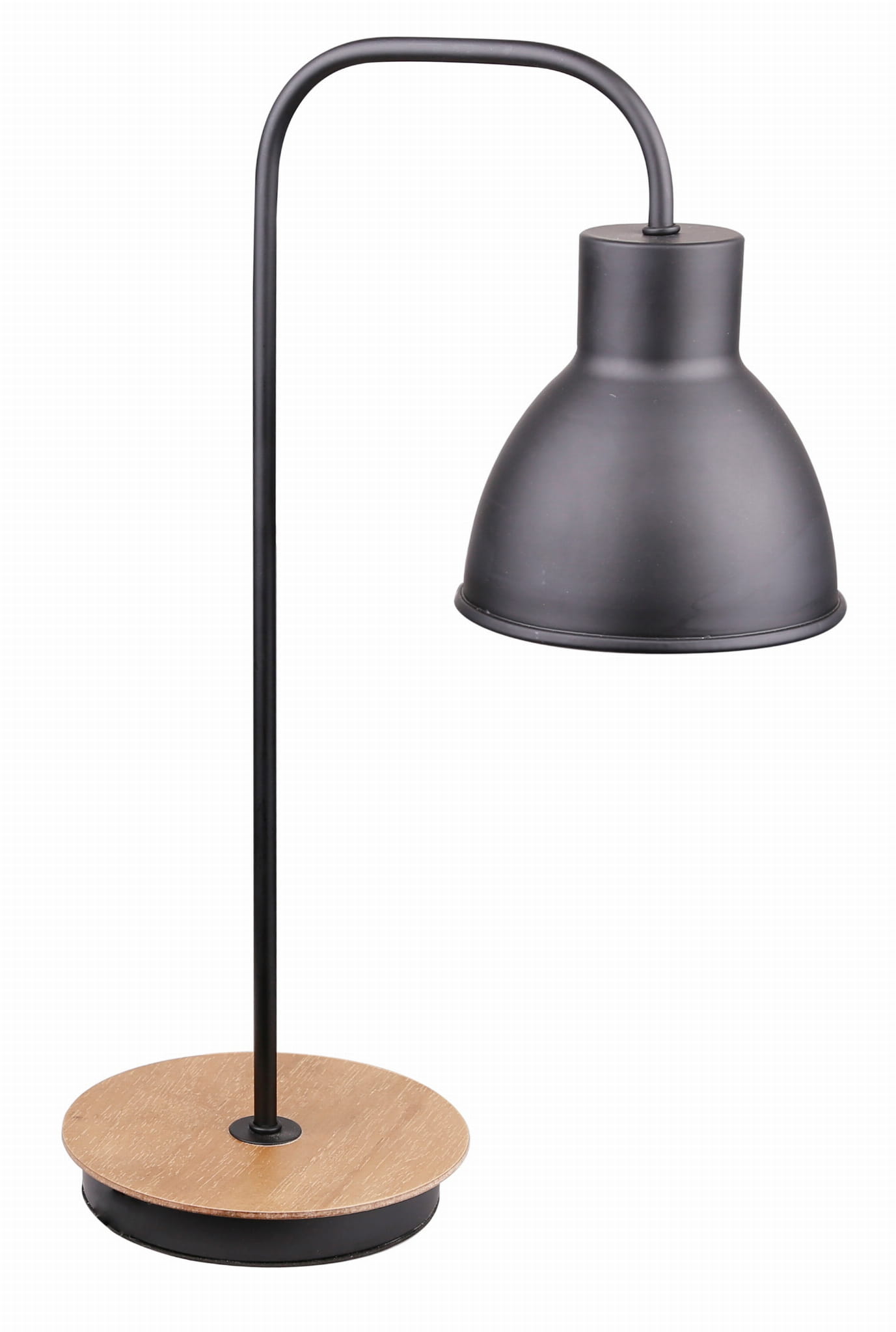 Lampka biurkowa Vario 1-punktowa w kolorze czarnym z metalowym kloszem. Posiada okrągłą, drewnianą podstawę. Ujęcie frontalne, produkt stoi na płaskiej powierzchni, z wyraźnie widocznym połączeniem metalu i drewna.