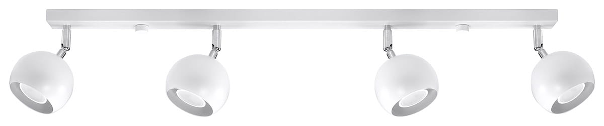Lampa sufitowa Oculare 4-punktowa w kolorze białym. Składa się z prostokątnej, białej podstawy oraz czterech okrągłych opraw w białym kolorze, zamocowanych na ruchomych ramionach, umożliwiających regulację kierunku światła.