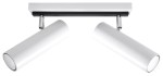 Lampa sufitowa Direzione, 2-punktowa, biały kolor. Cylindryczne klosze z metalicznymi mocowaniami, zamontowane na prostokątnej podstawie w kolorze białym i czarnym. Ujęcie frontalne, produkt w pozycji zamontowanej na suficie.