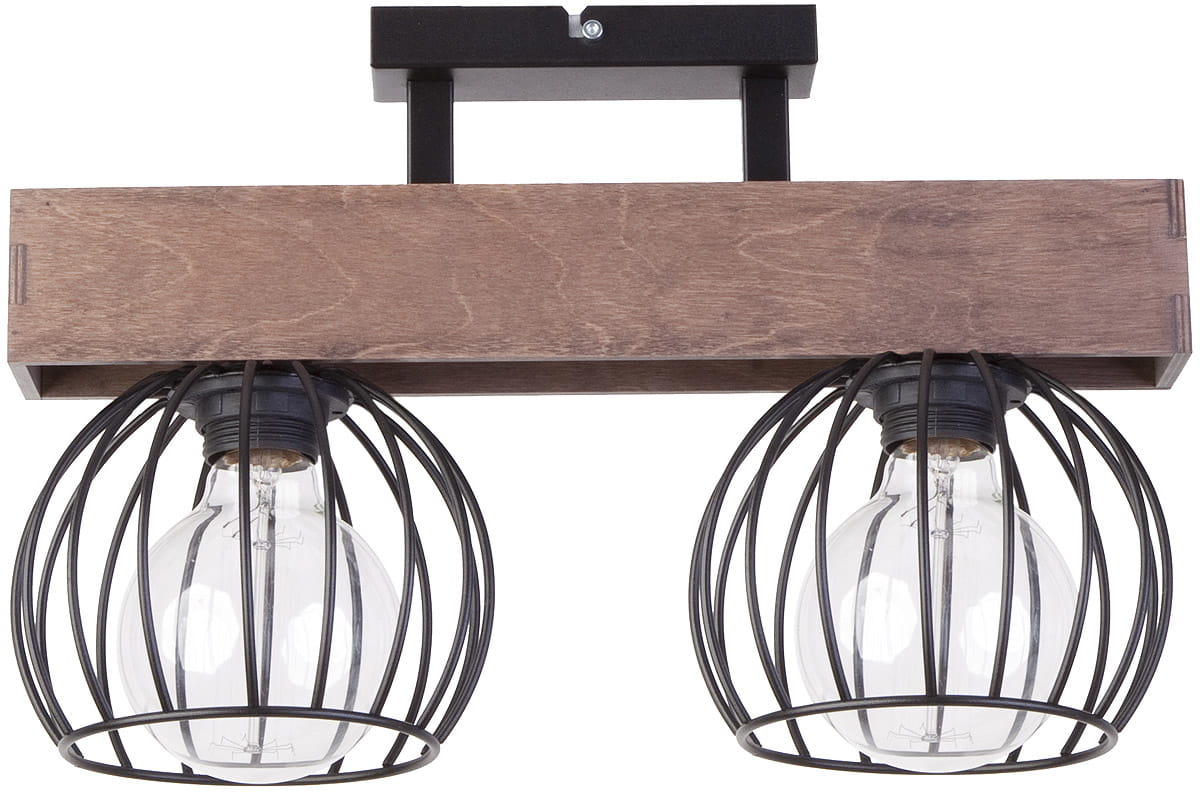 Brązowa lampa sufitowa 2-punktowa Milan z drewnianą podstawą i czarnymi metalowymi kloszami w formie siatki. Ujęcie frontalne, produkt zamontowany na suficie, z widocznymi żarówkami w szklanych kulach.