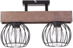 Brązowa lampa sufitowa 2-punktowa Milan z drewnianą podstawą i czarnymi metalowymi kloszami w formie siatki. Ujęcie frontalne, produkt zamontowany na suficie, z widocznymi żarówkami w szklanych kulach.
