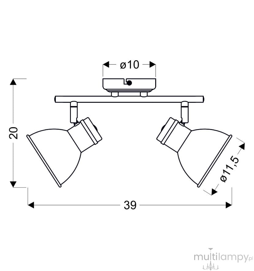 Lampa sufitowa Zumba, 2-punktowa, o wymiarach 39 cm szerokości i 20 cm wysokości. Metalowa konstrukcja z dwoma reflektorami w formie stożków, o średnicy 11,5 cm, regulowanych w kierunku światła. Uchwyt montażowy na suficie, minimalistyczny design.