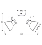 Lampa sufitowa Zumba, 2-punktowa, o wymiarach 39 cm szerokości i 20 cm wysokości. Metalowa konstrukcja z dwoma reflektorami w formie stożków, o średnicy 11,5 cm, regulowanych w kierunku światła. Uchwyt montażowy na suficie, minimalistyczny design.
