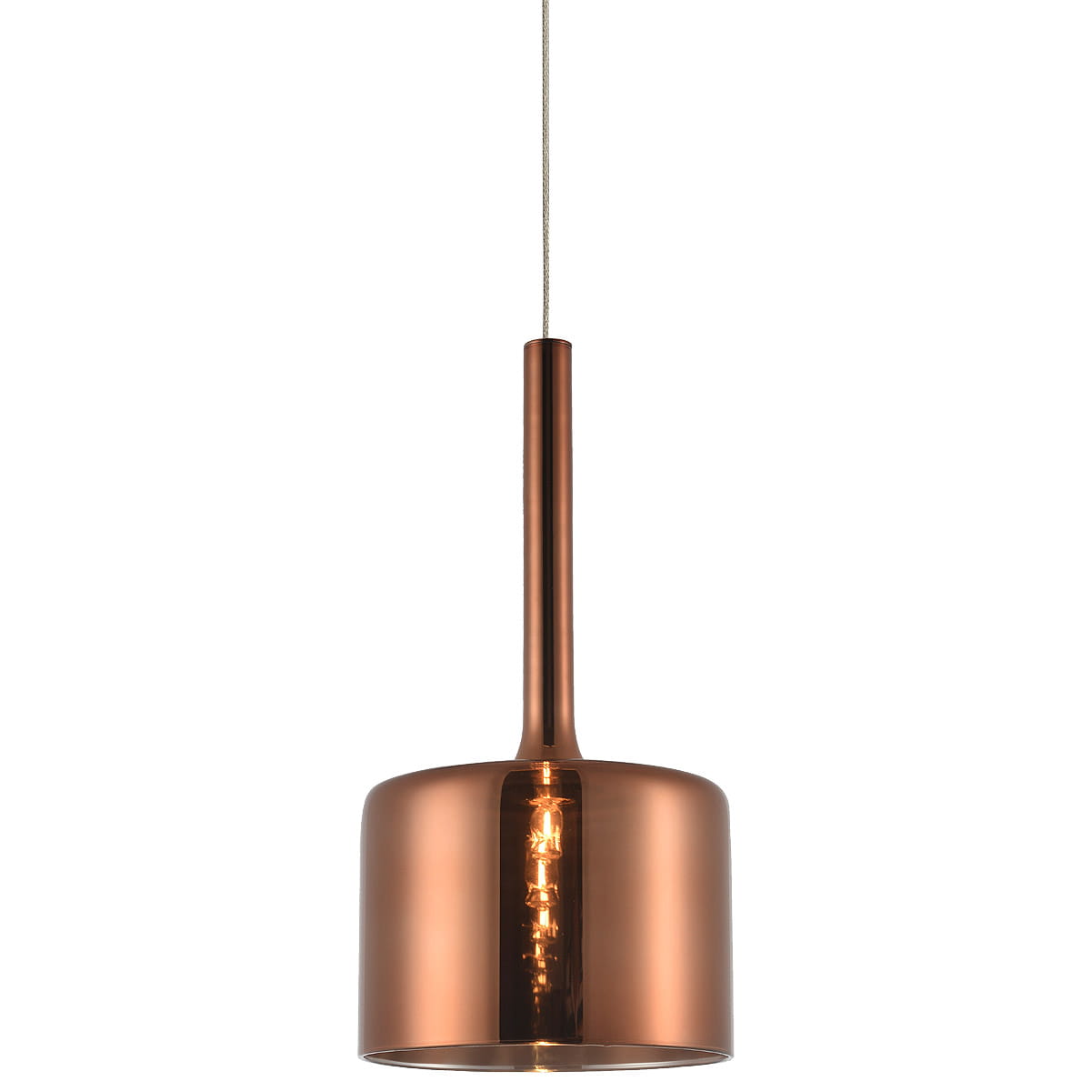 Lampa wisząca Copenhagen 1-punktowa w kolorze miedzi. Okrągły klosz z błyszczącej miedzi oraz wąski, prosty uchwyt. Zawieszona na cienkim kablu, prezentuje minimalistyczny design, idealna do nowoczesnych wnętrz.