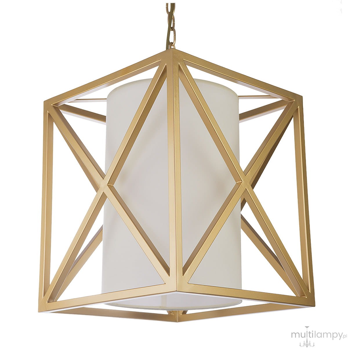 Lampa wisząca New York 1-punktowa w złotej metalowej oprawie o geometrycznym kształcie, z białym kloszem w formie cylindra. Ujęcie z przodu, zawieszona na łańcuszku, prezentująca nowoczesny design.