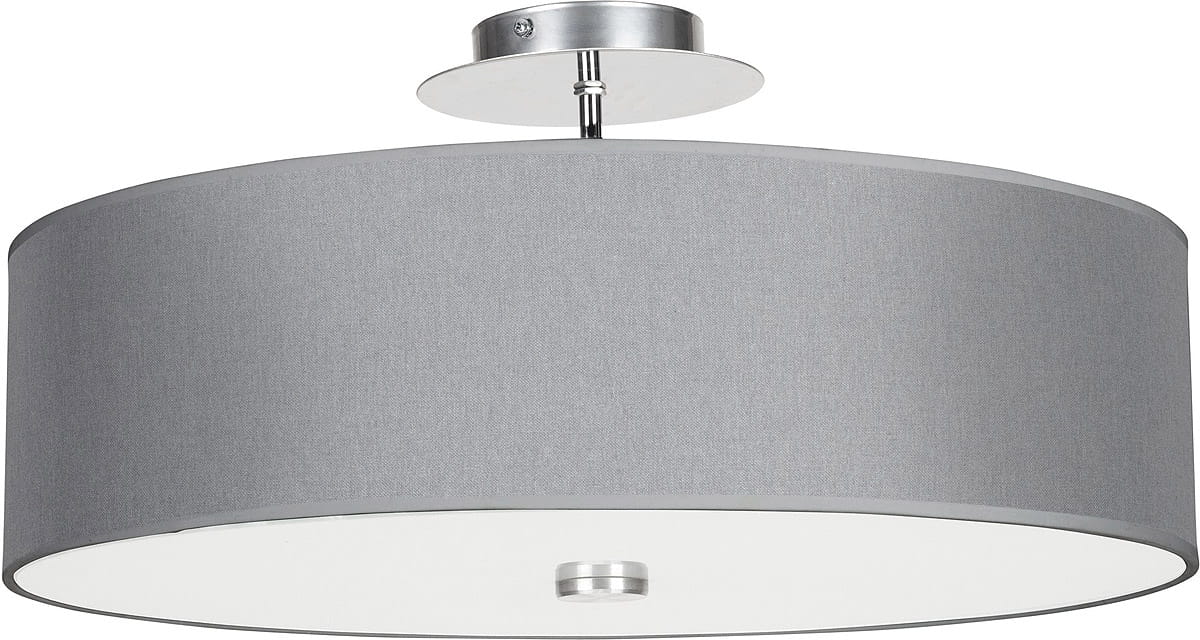 Lampa sufitowa Viviane 3-punktowa w kolorze szarym, o okrągłym abażurze z materiału tekstylnego i metalowym mocowaniu. Ujęcie frontalne, lampa swobodnie wisząca, z białym wnętrzem abażura, ukazującym nowoczesny design.