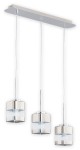 Lampa wisząca Chroms O2613 W3 CH z trzema punktami świetlnymi. Posiada metalową konstrukcję w kolorze chromu oraz przezroczyste klosze z mlecznego szkła. Zawieszona na cienkich linkach, umieszczona na prostokątnej podstawie.