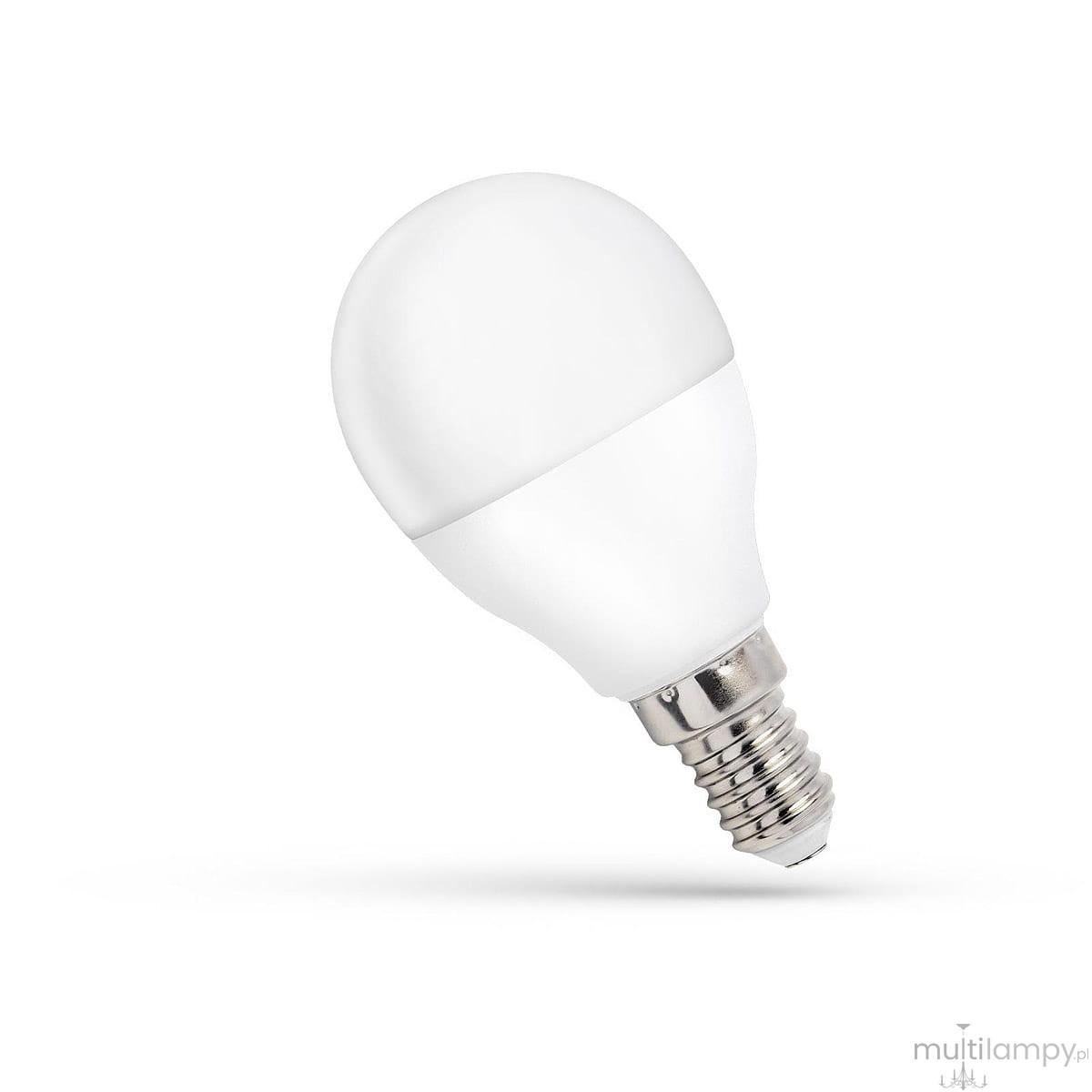 Żarówka LED E14 o mocy 8W, w kształcie kulki. Posiada matową, białą obudowę oraz gwint E14. Emituje ciepłą białą barwę światła o temperaturze 3000K. Ujęcie z boku, na jednolitym tle.