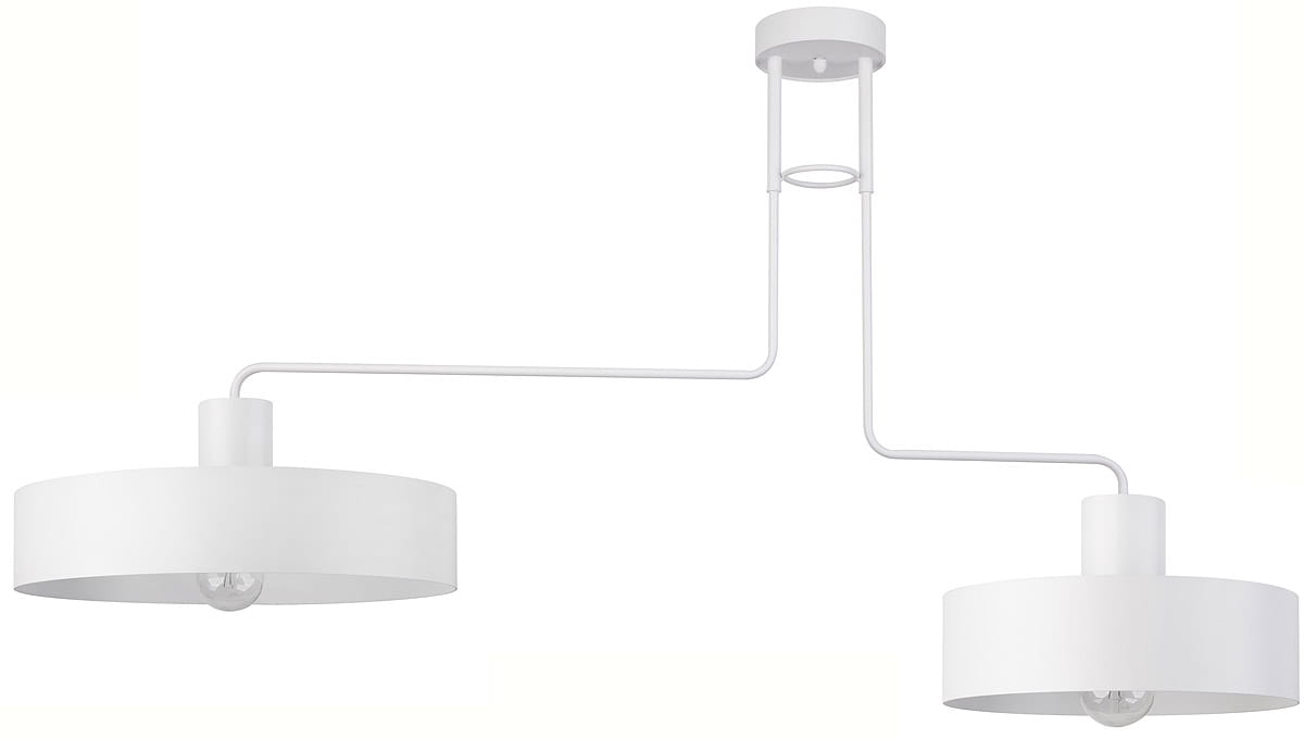 Biała lampa sufitowa Vasco z dwoma punktami świetlnymi, zawieszona na cienkim, białym przewodzie. Okrągłe klosze o matowej fakturze, minimalistyczny design. Lampa zamontowana na okrągłej podstawie sufitowej.