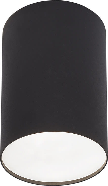 Czarna lampa sufitowa Point Plexi L o cylindrycznym kształcie. Zewnętrzna powierzchnia matowa, wewnętrzna biała, co zapewnia równomierne rozproszenie światła. Lampa montowana na suficie, z widoczną dolną częścią emitującą światło.