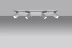 Biała lampa sufitowa Merida, 4-punktowa, z zamontowanymi reflektorami w kształcie prostokątów, skierowanymi w różne strony. Produkt zamontowany na płaskiej, metalowej podstawie, widoczny z góry na jednolitym tle.