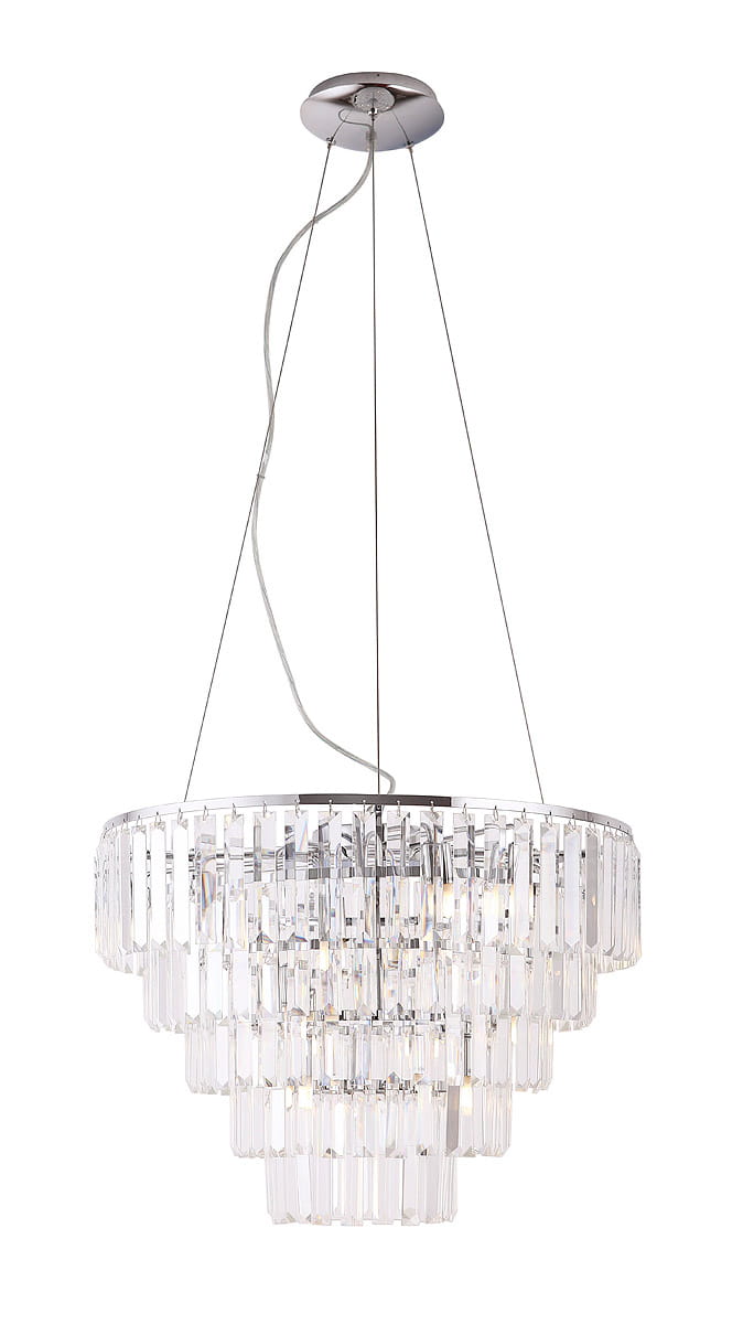 Lampa wisząca Monaco 15-punktowa, z chromowanym stelażem, ozdobiona przezroczystymi kryształkami w kształcie prostokątów, zawieszona na cienkich linkach. Ujęcie z dołu, eksponujące wielowarstwową konstrukcję i elegancki design.