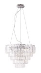 Lampa wisząca Monaco 15-punktowa, z chromowanym stelażem, ozdobiona przezroczystymi kryształkami w kształcie prostokątów, zawieszona na cienkich linkach. Ujęcie z dołu, eksponujące wielowarstwową konstrukcję i elegancki design.