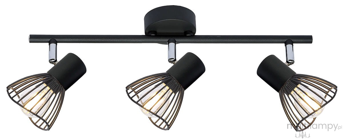 Czarna lampa sufitowa (spot) 3-punktowa Fly, z metalową konstrukcją i kloszami w formie siatki. Ułożona poziomo, z regulowanymi źródłami światła, montowana na suficie. Proste tło podkreśla jej nowoczesny design.