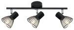 Czarna lampa sufitowa (spot) 3-punktowa Fly, z metalową konstrukcją i kloszami w formie siatki. Ułożona poziomo, z regulowanymi źródłami światła, montowana na suficie. Proste tło podkreśla jej nowoczesny design.