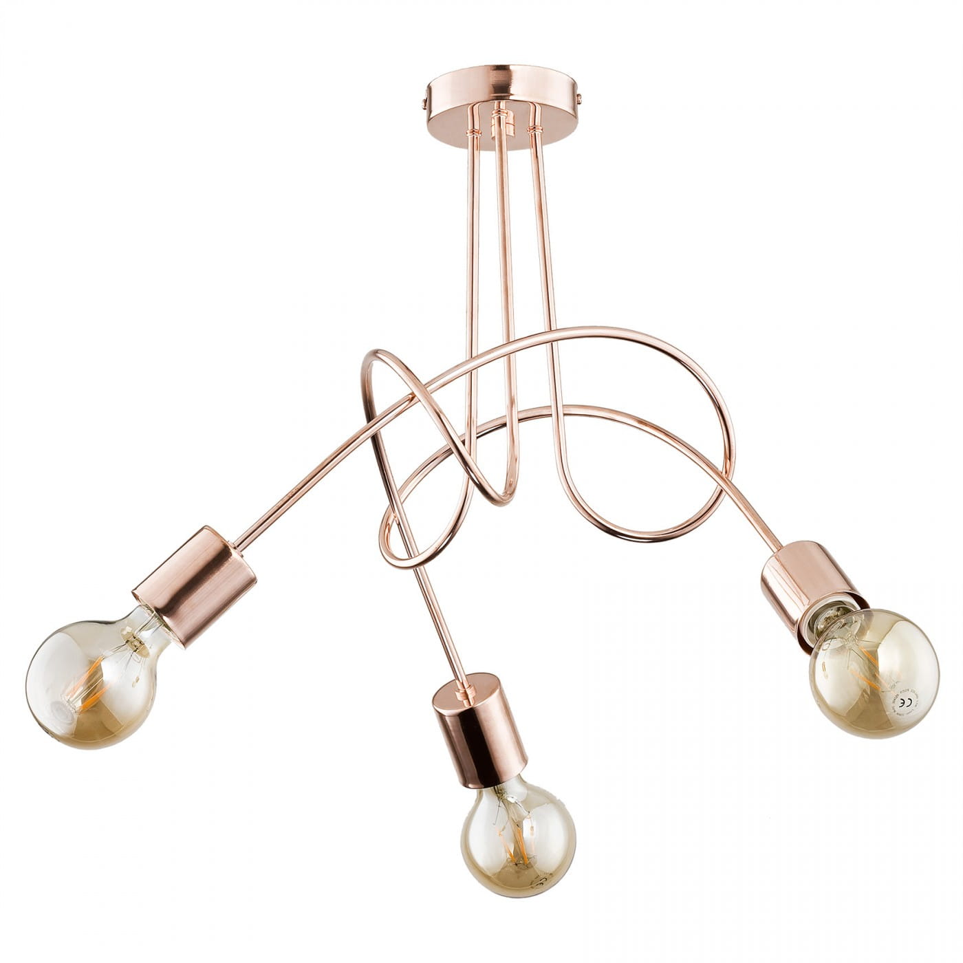Lampa wisząca Tango 3-punktowa w kolorze miedzi. Składa się z trzech żarówek umieszczonych na zakrzywionych metalowych rurkach. Kąt ujęcia: z góry. Prosta konstrukcja z widocznymi elementami mocującymi i dekoracyjnymi w eleganckim stylu.