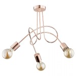 Lampa wisząca Tango 3-punktowa w kolorze miedzi. Składa się z trzech żarówek umieszczonych na zakrzywionych metalowych rurkach. Kąt ujęcia: z góry. Prosta konstrukcja z widocznymi elementami mocującymi i dekoracyjnymi w eleganckim stylu.