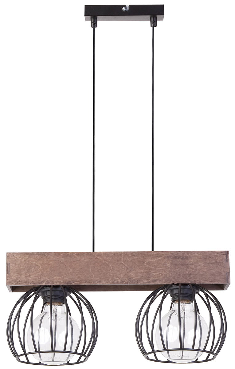 Lampa wisząca Milan 2-punktowa w brązowej kolorystyce, z drewnianym, prostokątnym stelażem. Dwie kuliste klosze w metalowych, siatkowych osłonach, zawieszone na czarnych przewodach. Kąt ujęcia frontalny, na jednolitym tle.