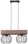 Lampa wisząca Milan 2-punktowa w brązowej kolorystyce, z drewnianym, prostokątnym stelażem. Dwie kuliste klosze w metalowych, siatkowych osłonach, zawieszone na czarnych przewodach. Kąt ujęcia frontalny, na jednolitym tle.