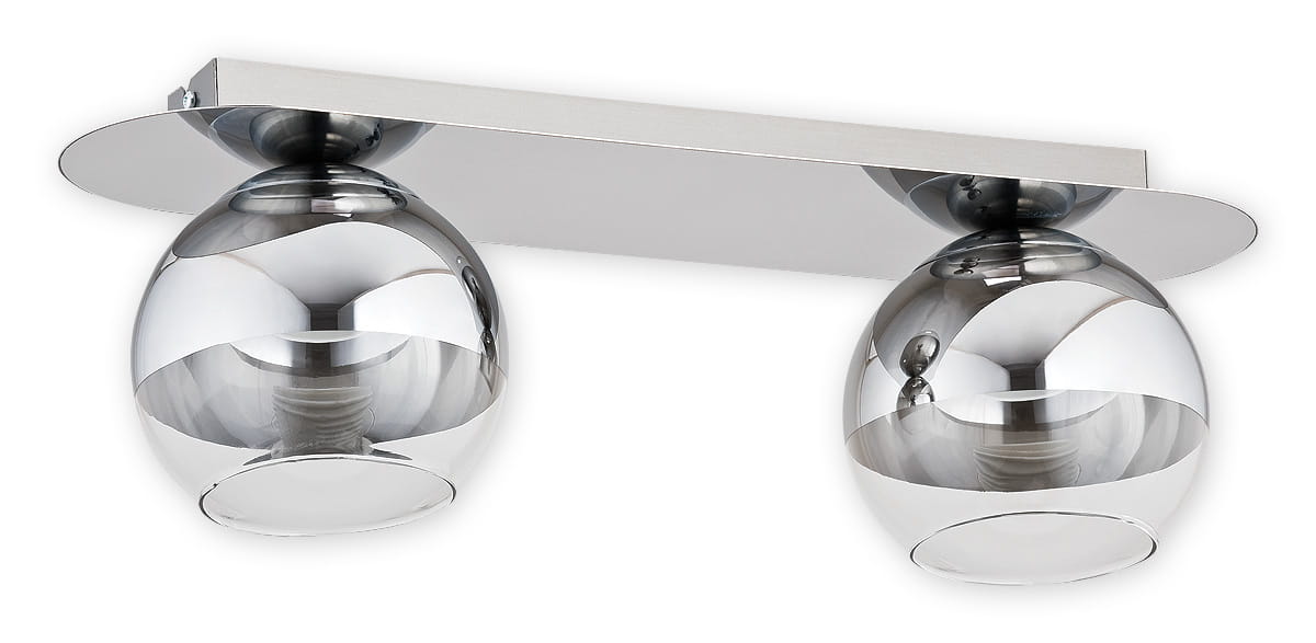 Lampa sufitowa Colours O2542 P2 CH z metalowym, prostokątnym stelażem w kolorze chromu, z dwiema okrągłymi, szklanymi kloszami. Klosze są przezroczyste, z widoczną żarówką wewnątrz, umieszczone na krawędzi stelaża.
