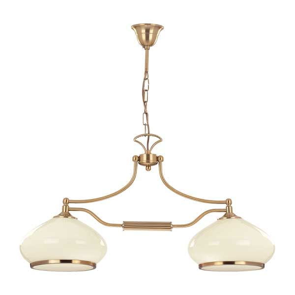 Lampa wisząca 2-punktowa Astoria w kolorze złotym. Posiada dwa oprawy z białego, szklanego klosza z metalicznymi obrzeżami. Ujęcie z przodu, zawieszona na łańcuchu, z eleganckim wykończeniem. Idealna do nowoczesnych wnętrz.